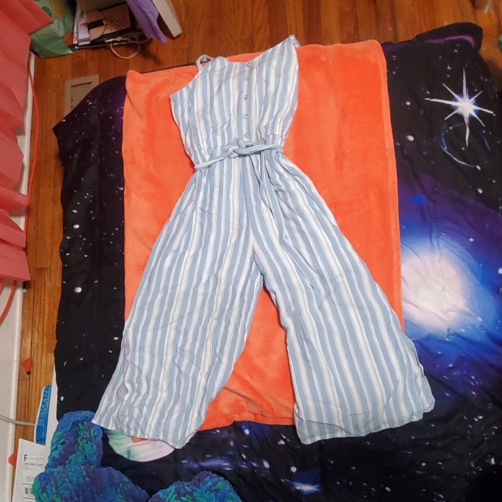 Blue and white striped jumpsuit
